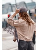 Oversize women\'s sweatshirt with fringes, beige FI671 - Online store - Boutique